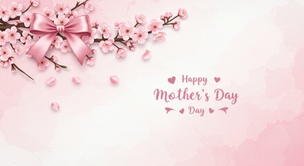 Elegant mother's day greeting card with pink cherry blossoms and bow