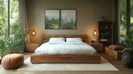 Serene Wooden Bedroom With Lush Greenery And Natural Light