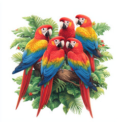 Colorful macaws perched on branch among lush foliage