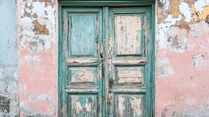 Peeling paint reveals weathered textures on old wooden door in pastel colors