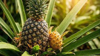 Fototapeta premium Vibrant pineapple fruit growing on tropical plant under sunlight