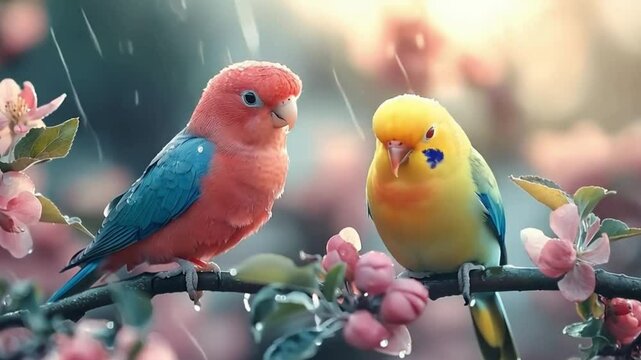 Pair of parakeets perched on a tree branch