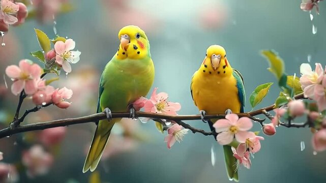 Pair of parakeets perched on a tree branch