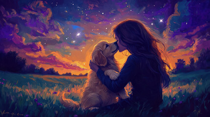 A whimsical painting of a girl embracing a fluffy golden retriever puppy under a twilight sky, with stars beginning to shimmer and a gentle lavender glow. The background features rolling meadows and a