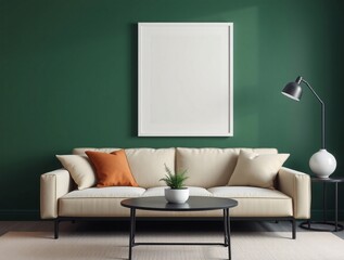 Elegant interior design featuring a green wall, sofa, a blank decorative framed art, and a potted plant. Showcasing minimalism and natural elements for home decor inspiration.