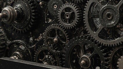 Dynamic industrial gears in intricate motion oiled and gleaming