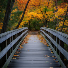 Obraz premium Wooden bridge amidst colorful autumn foliage in a serene forest setting