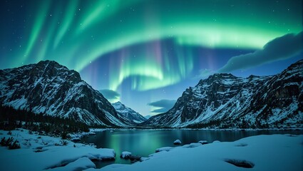 Vibrant auroras dancing over a frozen lake and rugged mountains