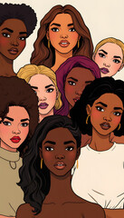 A diverse group of women with varying skin tones, united in their unique beauty and identities. United Beauty. Diverse Skin Tones, comic art, with white tones