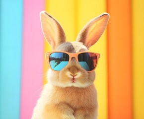 Fototapeta premium Bunny with sunglasses in front of a colorful background