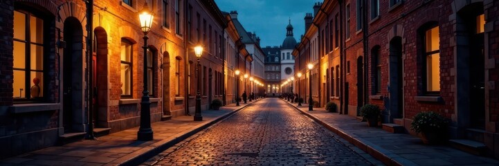 Fototapeta premium Cobblestone street at night with illuminated lamps, street, pavement
