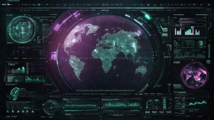 Obraz premium Cyberpunk global data analytics interface with glowing purple and green color scheme,
