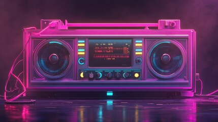 Fototapeta premium A vibrant retro boombox with neon lights, showcasing a nostalgic audio experience.