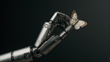 Naklejka premium Robot hand delicately cradling butterfly metal meets soft wings