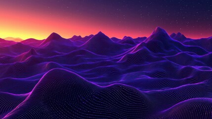This digital art image features serene purple waves under a colorful sunset sky, creating a soft, tranquil atmosphere with layered shapes and textures.