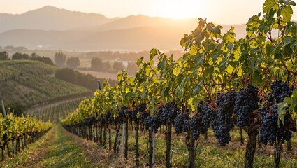 Fototapeta premium Scenic vineyard with ripe purple grapes on sunset lit hillside