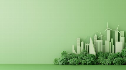 Modern Eco-Friendly Cityscape with Green Trees and Wind Turbines on Green Background