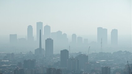 Urban skyline obscured by factory smog depicting air pollution