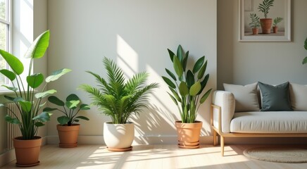 Fototapeta premium Many plants in pots on the floor in this room
