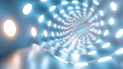 A mesmerizing blue tunnel with circular light patterns creates a serene and soft visual experience, showcasing a minimalist digital art style.