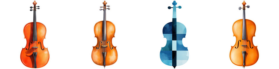 Fototapeta premium Music icon silhouette instrument and minimal, Four distinct violins showcase various colors and designs, highlighting their craftsmanship and musical elegance.