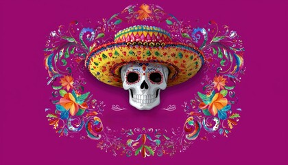 Cinco de mayo greeting card with skull, traditional mexican hat and flourish elements. Cinco de Mayo mexican holiday colorful greeting card,	