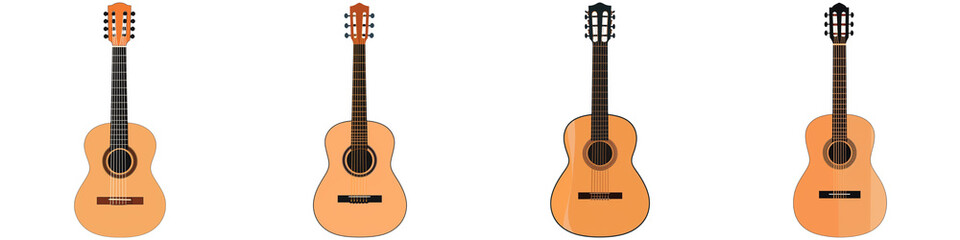 Obraz premium Music icon silhouette instrument and minimal, Four acoustic guitars displayed in a row, showcasing different shapes and designs with wooden finishes.
