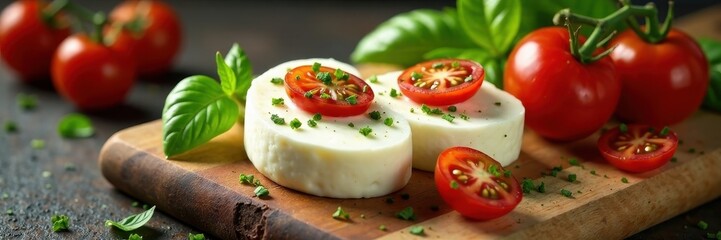 Fresh mozzarella with cherry tomatoes and basil on a wooden cutting board , kitchen, food