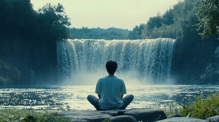Obraz premium Mindfulness Practice by Waterfall in Natural Setting