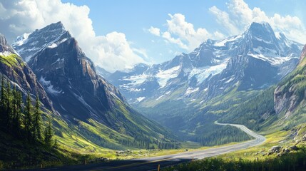 Sunlit mountain highway, deep valleys on one side and towering peaks on the other