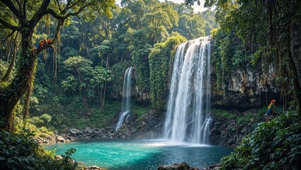 Obraz premium Enchanting forest waterfall with parrots and turquoise pool
