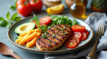 Plate of food with meat, vegetables and a fork