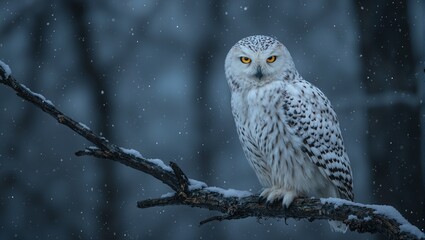 Fototapeta premium Majestic snowy owl on a twisted branch bathed in moonlight