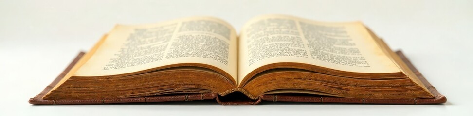 Obraz premium Old leather-bound book lies open on a plain white surface, revealing yellowed pages and intricate golden lettering, leather, gold, old book