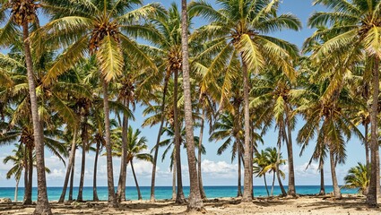 Tranquil beach scene with coconut grove and swaying palms