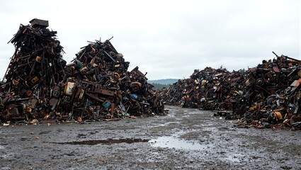 Rusted metal scrapyard with oil streaks and rain puddles