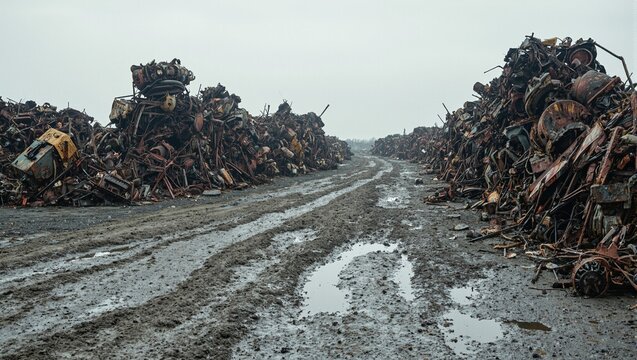 Rusted metal scrapyard with oil streaks and rain puddles