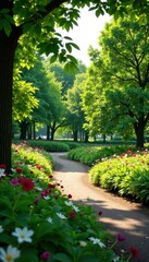 Obraz premium Lush greenery in Central Park on a sunny day with blooming flowers and trees, , park landscape