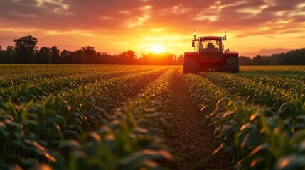 Fototapeta premium A red tractor working in a lush green field during a vibrant sunset.