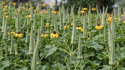 Fresh Okra Plants with Pointing Pods and Yellow Flowers