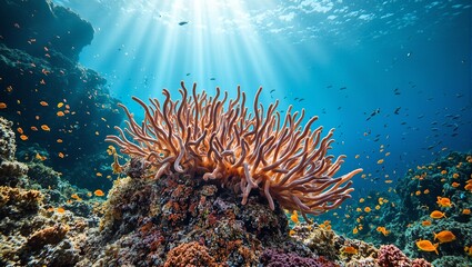 Colorful coral reef with anemone fish and sunlight rays