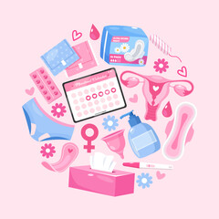 Vector poster with menstruation period icons in circle frame isolated on light pink background.