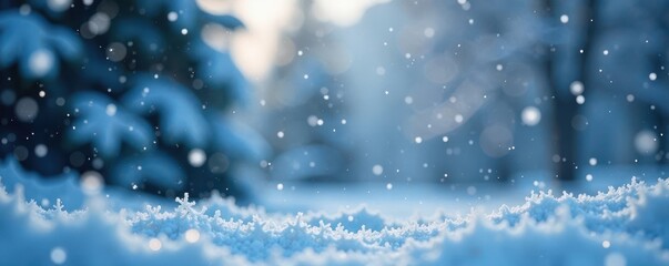 Obraz premium Softly falling snowflakes in winter scene with defocused lights and icy blue hues, ambient, night