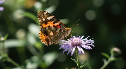 Close-up of vibrant butterfly on purple flower in sunlit garden