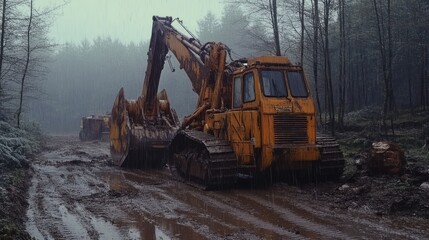 Logging during heavy rain, muddy grounds, rain-soaked machinery and workers, 
