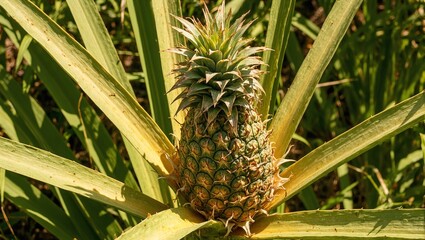 Exotic pineapple plant with ripe fruit under the sun