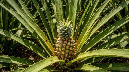 Fototapeta premium Exotic pineapple plant with ripe fruit under the sun