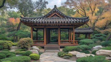 Obraz premium Wooden Pavilion Nestled in a Lush Green Garden