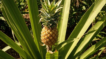 Obraz premium Exotic pineapple plant with ripe fruit under the sun