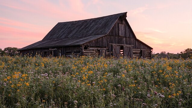 Serene rural sunset with wooden barn and wildflowers - Powered by Adobe